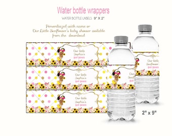 Personalized Sunflower Baby Shower Water Bottle Wrappers (Digital Download, PDF File)