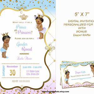 Prince or princess, boy or girl,  gender reveal invitation, african american digitalpurple blue