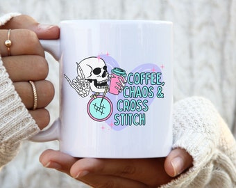 Coffee Chaos Cross Stitch Mug: Funny Crafting Gift