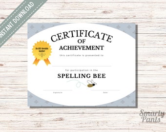 Spelling Bee Certificate: Printable School Award (Digital Download)
