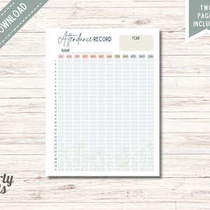 May include: Printable attendance record sheet with a light blue background and a floral design. The sheet includes columns for each month of the year and rows for each day of the month. The text "Attendance Record" is at the top of the sheet.
