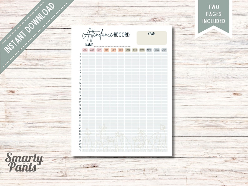 May include: Printable attendance record sheet with a light blue background and a floral design. The sheet includes columns for each month of the year and rows for each day of the month. The text "Attendance Record" is at the top of the sheet.