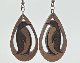 Penguin Love Walnut Wood Earrings Gift for Her