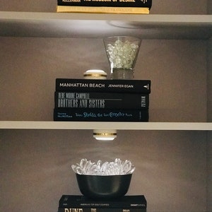 May include: A bookshelf with a variety of books, including "The Museum of Desire" by Jonathan Kellerman, "Manhattan Beach" by Jennifer Egan, and "Brothers and Sisters" by Bebe Moore Campbell. There are also decorative items on the shelves, such as a glass bowl filled with clear glass beads and a black bowl filled with clear glass beads.
