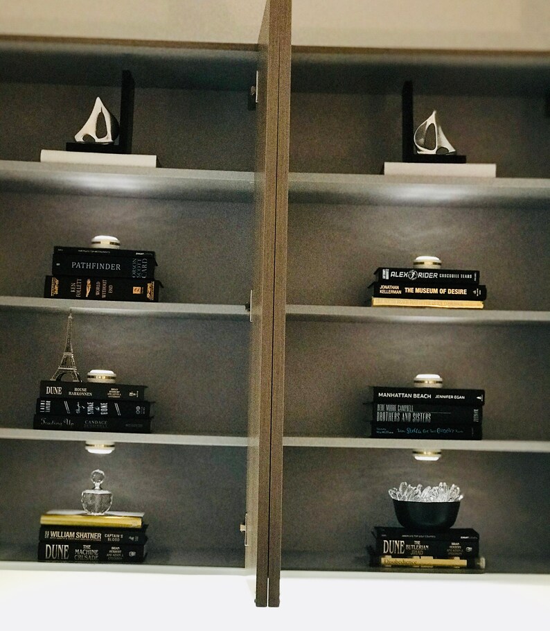 May include: A set of black bookshelves with decorative objects, including a white ceramic sculpture, a small Eiffel Tower, a glass bottle, and a bowl of crystals. The bookshelves are lit with LED lights. The books have titles such as "Dune", "Pathfinder", "The Museum of Desire", and "Manhattan Beach".