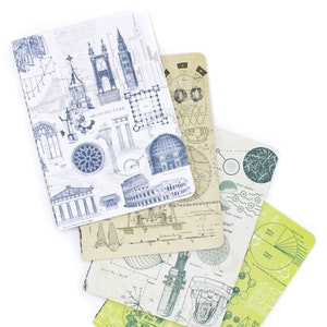Peut inclure: Plusieurs carnets avec des motifs variés. L'un présente des dessins d'architecture avec le mot "ARCHITECTURE". D'autres carnets affichent des diagrammes et illustrations scientifiques en bleu, beige et vert.
