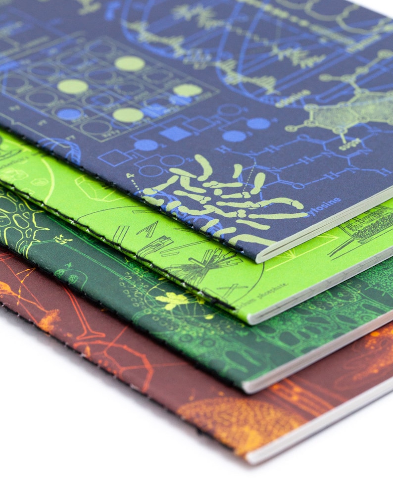 May include: Four small notebooks stacked on top of each other. The top notebook is blue with a green and blue scientific illustration. The second notebook is green with a green and white scientific illustration. The third notebook is brown with a green and brown scientific illustration. The bottom notebook is orange with a green and orange scientific illustration.