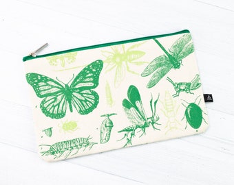 Insect Print Pencil Case | Botanical Print Zipper Pouch, Botany Print Cosmetic Toiletry Bag, Entomology, Butterfly Bag, Butterfly Purse