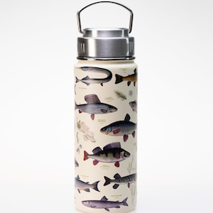 May include: A stainless steel water bottle with a cream-coloured background and a design of various fish species. The bottle has a carrying handle and a screw-on lid.