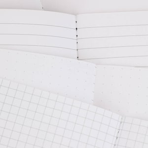 May include: Three notebooks with different paper styles: lined, dotted, and grid. The notebooks are bound together with a white stitch.