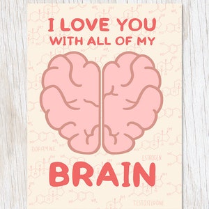 Love You With My Brain Card | Anatomy Illustration Card, Thinking of You Card, Anatomy Stationery, Science Print Card