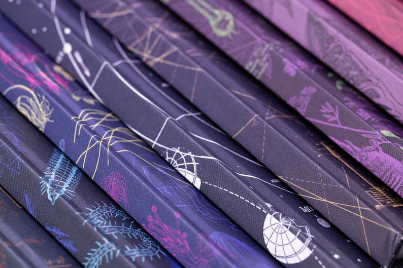 Puede incluir: Una pila de cuadernos de color morado oscuro con diferentes dise&ntilde;os ilustrados en las portadas. Los dise&ntilde;os incluyen una variedad de criaturas marinas, plantas y patrones geom&eacute;tricos.