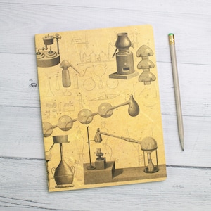 Pode incluir: Um caderno bege com ilustrações científicas vintage de equipamentos de laboratório em tinta preta. Um lápis cinza com uma borracha verde repousa sobre uma superfície de madeira azul clara.