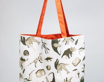 Retro Dinosaur Tote Bag | Reversible Tote, Paleontology, T-Rex Print