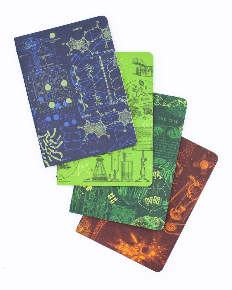 May include: Four small notebooks with different science-themed designs. The top notebook is blue with a diagram of a DNA molecule. The second notebook is green with a diagram of a lab experiment. The third notebook is green with a diagram of a cell. The bottom notebook is brown with a diagram of a microscopic organism.