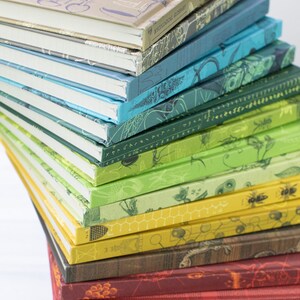 Puede incluir: Una pila de cuadernos coloridos con varios dise&ntilde;os de tem&aacute;tica natural, incluyendo insectos, plantas y patrones de panal. El cuaderno de arriba tiene el texto "Mythological Glossary" en el lomo.