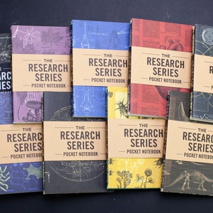 May include: A collection of nine small, brown pocket notebooks with different vintage illustrations on the covers. Each notebook has the text "The Research Series" and "Pocket Notebook" printed on the cover.