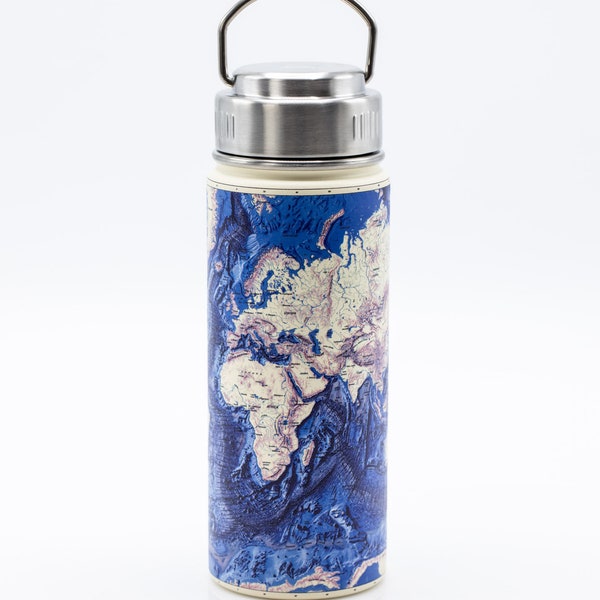 Seabed World Map Stainless Steel Travel Mug |  Metal Insulated Water Bottle, Ocean Floor Map of Europe, Map of Africa