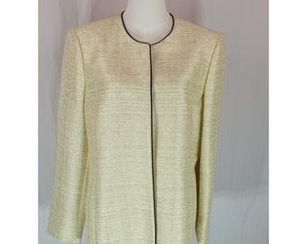 Jones Studio Cream Textured Open-Front Jacket with Black Trim Size 16