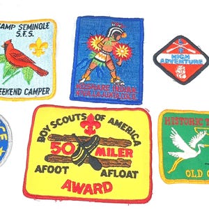 May include: A collection of embroidered patches with various designs and text. Includes a red cardinal, an Air Force Academy emblem, a Native American figure, and Boy Scout and historical trail awards.
