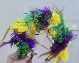 Mardi Gras-hårband med krona, Mardi Gras-blomhårband, New Orleans Mardi Gras-festkläder, Mardi Gras-tillbehör, fjäderhårband med flapper