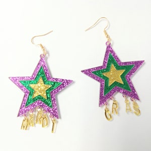 Mardi Gras Star Earrings Mardi Gras NOLA Mardi Gras Jewelry Tuesday Glitter Earrings New Orleans Light Weight Earrings