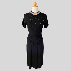 Vintage 40s Black Beaded Sequin Embroidered Dress Waist Drape Ruched image 2