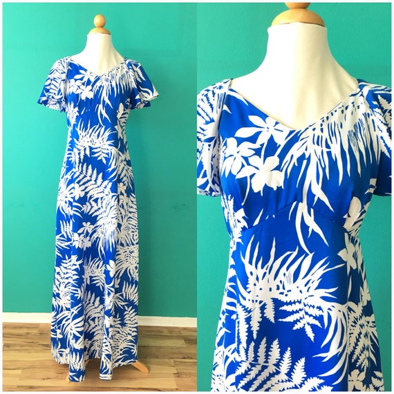 Vintage 90s Hawaiian Maxi Dress Blue White Flutter