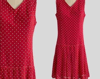 Vintage 1960s Dress Joseph Magnin Polka Dot Red White Pleated Mod Holiday