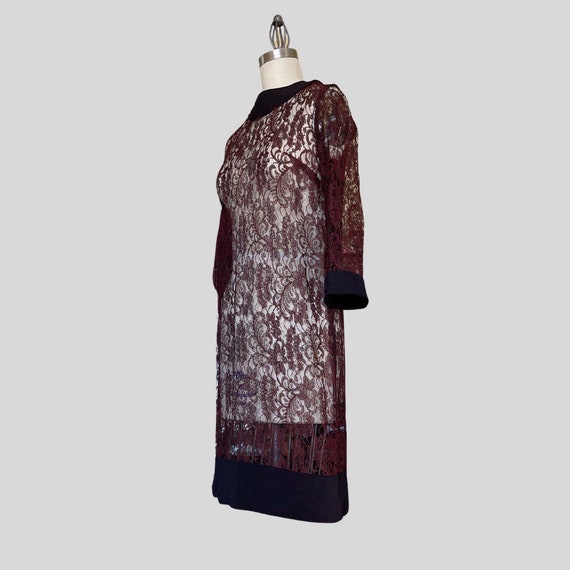 Vintage 60s Sheer Lace Shift Dress Burgundy Black… - image 2