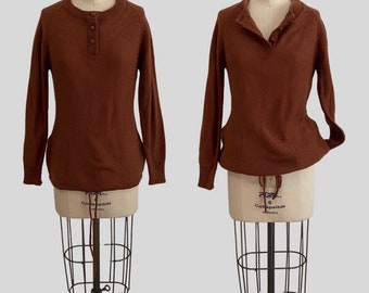 Vintage 1970s Knit Sweater Brown Rust Tie Waist Pockets
