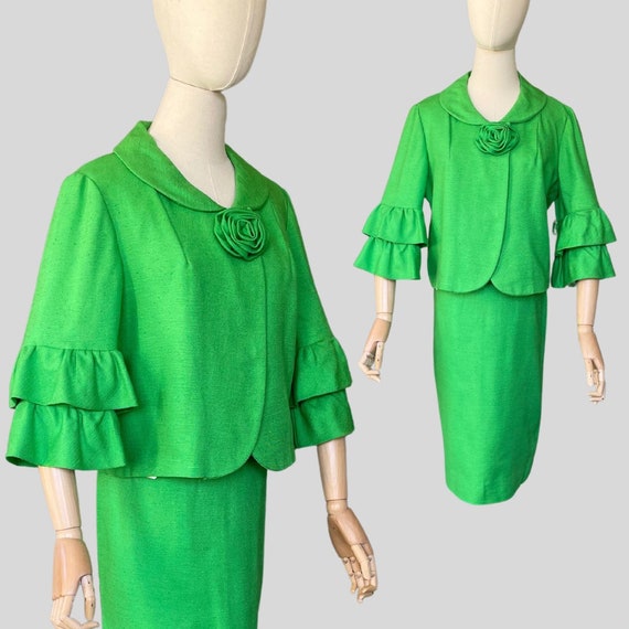 Vintage 60s Bright Green Skirt Jacket Suit Rosett… - image 1