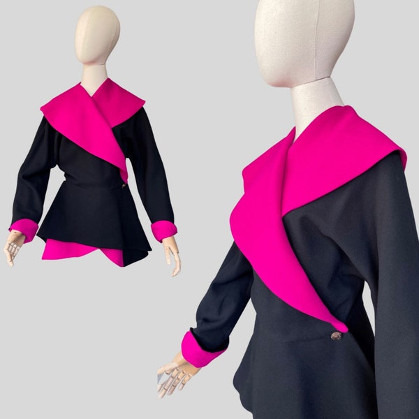 Vintage 80s 90s Jacket Peplum Oversized Collar Pink Magenta Black Wool French Designer