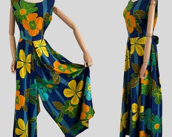 Vintage 60s Jumpsuit Palazzo Pants Wide Leg Floral Hawaiian Size Large