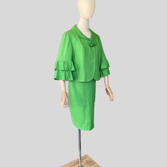 Vintage 60s Bright Green Skirt Jacket Suit Rosett… - image 3