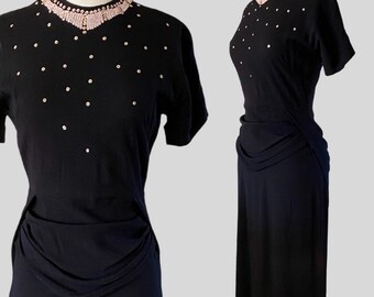 Vintage 40s Black Beaded Sequin Embroidered Dress Waist Drape Ruched