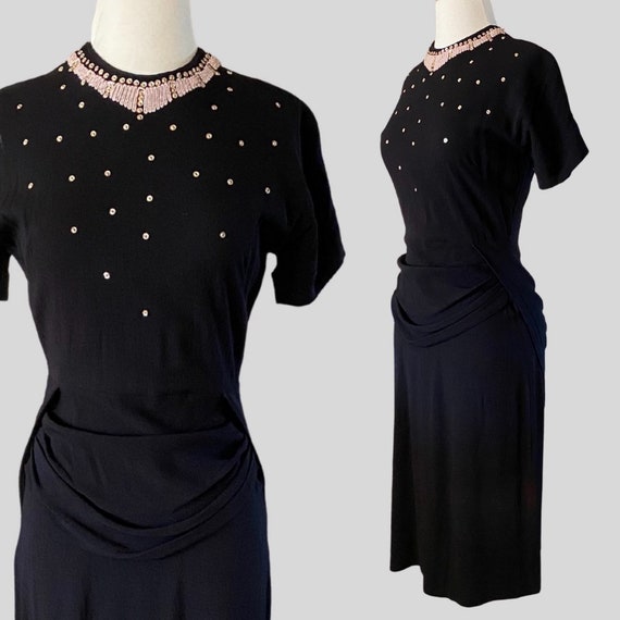 Vintage 40s Black Beaded Sequin Embroidered Dress… - image 1