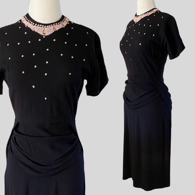 Vintage 40s Black Beaded Sequin Embroidered Dress Waist Drape Ruched image 1