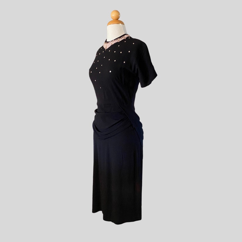 Vintage 40s Black Beaded Sequin Embroidered Dress Waist Drape Ruched image 4