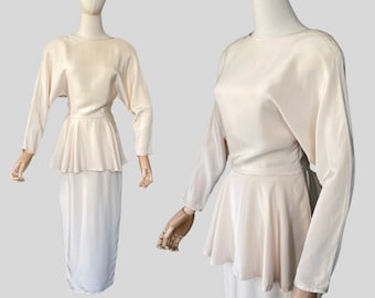 Vintage 1980s Saks Fifth Avenue Tom and Linda Platt Dress Peplum Cream Ivory Wiggle