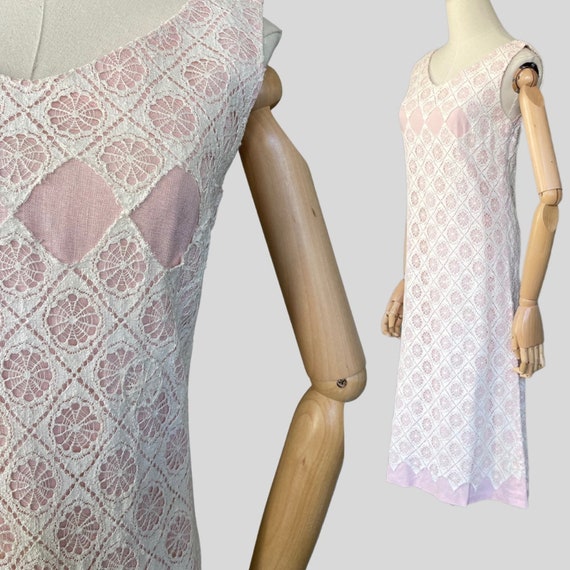 Vintage 60s Dress Spiderweb Lace White Pink Weddi… - image 1