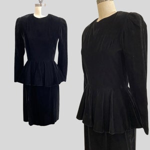 Vintage 60s Velvet Dress Peplum Black Sheath Wiggle Holiday Party Cocktail