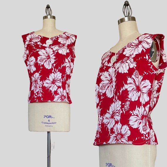 Vintage 50s Hawaiian Print Flower Floral Shirt To… - image 1