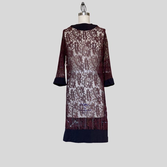 Vintage 60s Sheer Lace Shift Dress Burgundy Black… - image 4