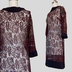 Vintage 60s Sheer Lace Shift Dress Burgundy Black Mod