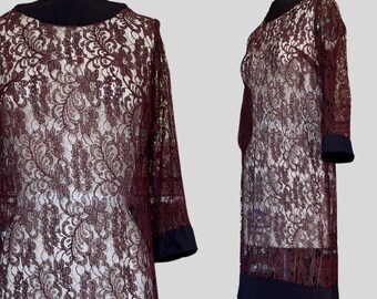 Vintage 60s Sheer Lace Shift Dress Burgundy Black Mod