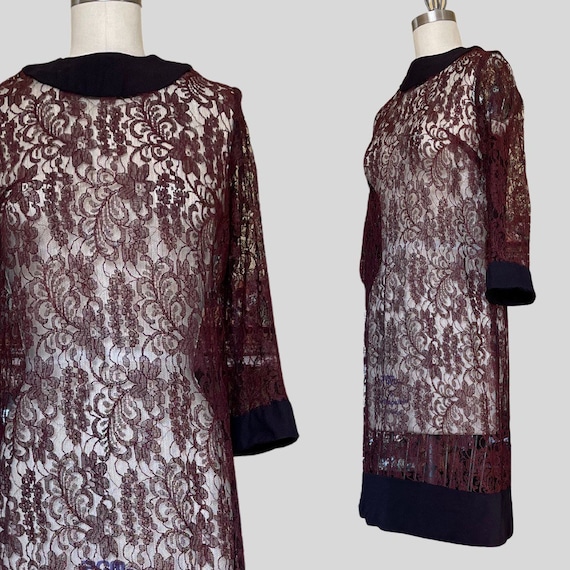 Vintage 60s Sheer Lace Shift Dress Burgundy Black… - image 1