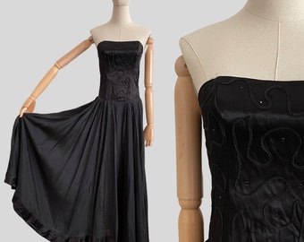 Vintage 90s Exile Silk Dress Gown Full Skirt Black Strapless Cocktail Party Wedding Guest Prom