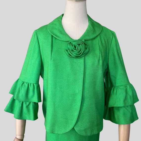 Vintage 60s Bright Green Skirt Jacket Suit Rosett… - image 2