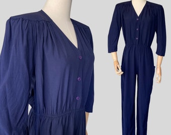 Carol Anderson Vintage 90s Jumpsuit Navy Blue Pockets Pleating